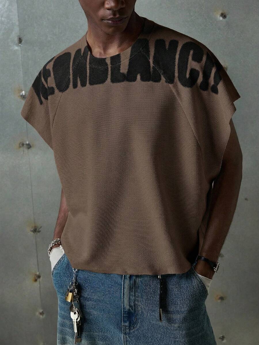 NEON BLANC Men's Street Fashion White Knit Crew Neck Letter Print Knit Tank Top, Suitable For Summer - Coffee Brown - View 1