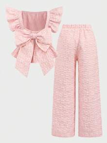 SHEIN 2 piezas Conjunto informal de camisa y pantalones con recorte de volantes y patchwork para niñas preadolescentes - Rosa Pálido - Ver 4
