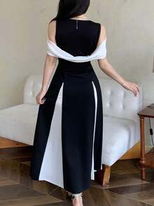 Modelyn Đầm dự tiệc thanh lịch, ôm sát, màu đen trắng phối hợp chất liệu dệt kim dành cho nữ, kiểu dáng trễ vai. - Đen và trắng - Xem 2