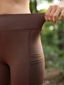 SHEIN In My Nature Women's Outdoor Sports Mesh Patchwork Reflective Pocket Tight Leggings, Coffee Brown - Coffee Brown - View 3
