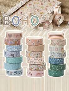 Boho Washi Tape Set Decorative Masking Paper Roll DIY Journal Supplies Scrapbooking Craft Aesthetic Bohemian Pattern Sticky Adhesive Durable Versatile Multi Use Gift - Multicolor - View 2