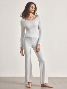 Ocili 2pcs Women Comfortable Cotton Frill Trim Long Sleeve Top And Pants Pajama Set, Sleepwear - White - View 5