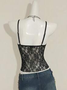 Attitoon 女士休闲性感蕾丝吊带背心，女士日常穿搭，Y2K风格 - 黑色 - 查看 4