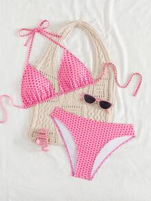 Swim Mod Bộ bikini tam giác cổ yếm in họa tiết chấm bi màu hồng cho nữ, mùa hè - Màu Hồng baby - Xem 5