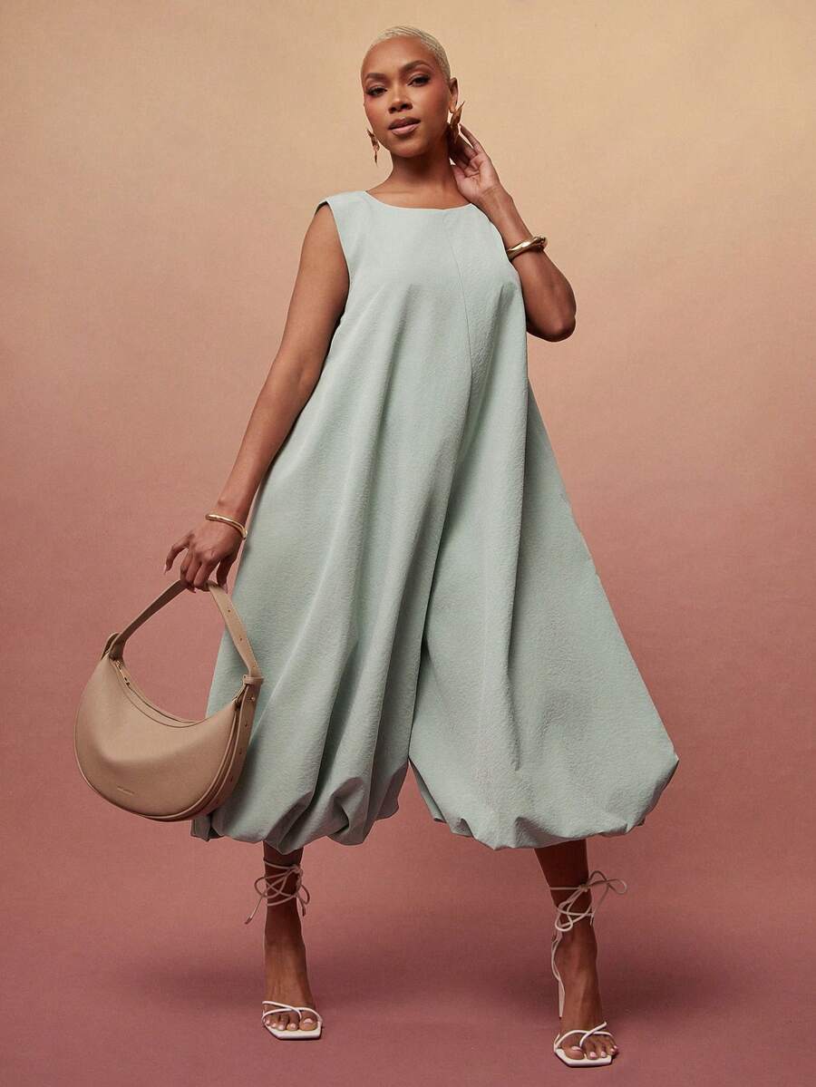 Vixey Bộ áo liền quần không tay cổ tròn dáng phồng, chất liệu dệt trơn - màu xanh lá - Xem 1