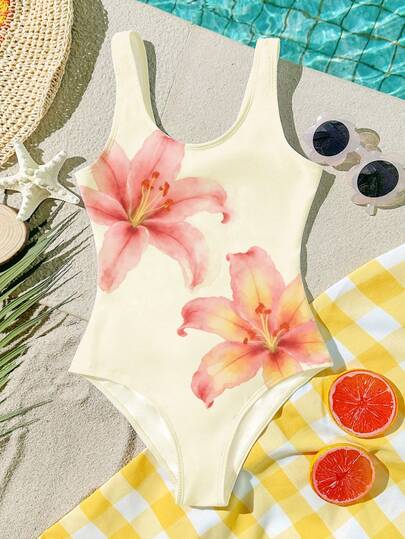SHEIN Tween Girl Casual Lily Floral Print One-Piece Swimsuit, Suitable For Summer Beach Trip, Summer Vacation One Piece Swimsuit For Kid Swim Suits For Girls Beach Wear For Girls Bathing Suit For Tweens Bathing Suits For Teens Full Coverage