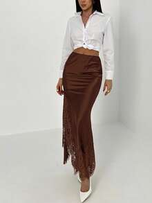 Aloruh 女士纯色极简蕾丝半身裙 - 咖啡棕 - 查看 7