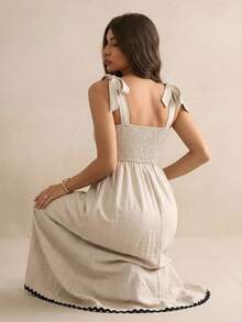 SHEIN Tall Đầm midi không tay phối màu dành cho nữ, kiểu dáng thanh lịch, thích hợp cho kỳ nghỉ hè hoặc đi nghỉ mát. - Màu Khaki - Xem 2