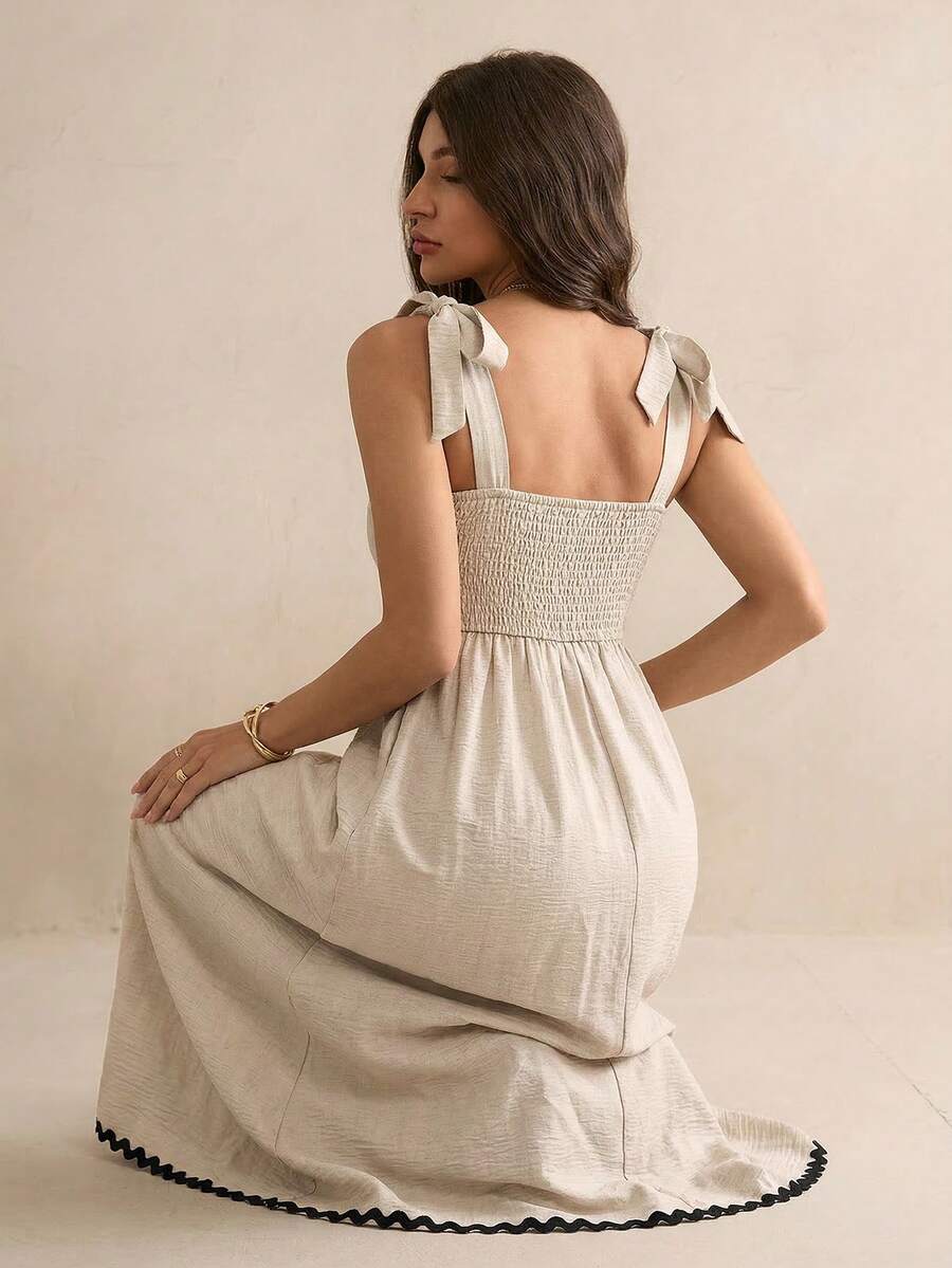 SHEIN Tall 女士无袖撞色中长连衣裙，时尚夏季度假休闲款 - 卡其色 - 查看 1