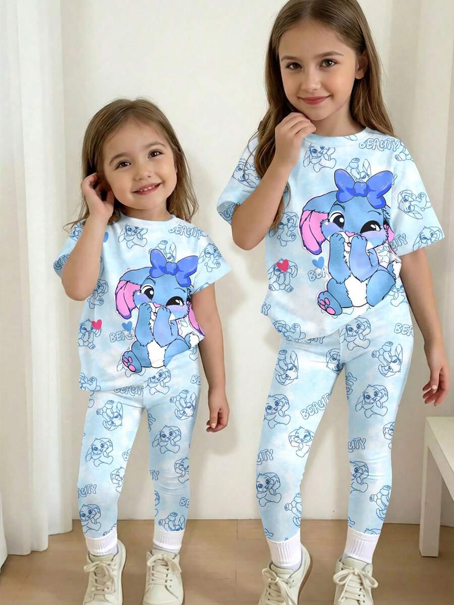 SHEIN 两件套可爱卡通蓝色兔子露露和史迪奇印花扎染海洋蓝，少女休闲简约圆领短袖T恤和打底裤套装，适合春夏日常、街头风、度假穿着。 - 彩色 - 查看 1