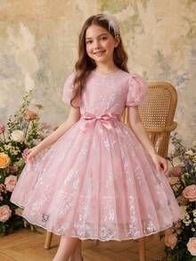 女童刺绣网纱花瓣袖蝴蝶结薄纱公主裙，优雅婚礼花童伴娘假日礼服 - 粉色 - 查看 7