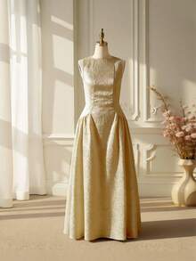 SHEIN Đầm không tay khóa kéo bằng vải jacquard thanh lịch dành cho thiếu nữ, thích hợp mặc hàng ngày và nhiều dịp khác nhau, mùa xuân/hè. - Màu Khaki - Xem 3