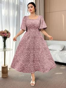Modelyn Vestido elegante de talla grande con cuello cuadrado, manga corta y volante en la cintura - Rojo - Ver 5