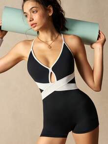 VARSIVA Women's Deep V Color Block Cutout Crossover Design Suspender Straps With Built-In Bra Pads Yoga Pilates Gym Jumpsuit. - Black and White - View 5