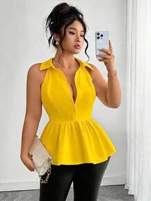 Elenzga Áo sơ mi nữ cỡ lớn thanh lịch, màu trơn, không tay, cổ bẻ, viền bèo, kiểu dáng lãng mạn, thích hợp cho hẹn hò, hẹn hò, công sở, thường ngày, bộ sưu tập Xuân/Hè mới. - Màu vàng - Xem 3