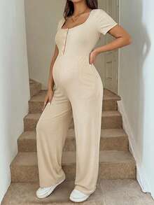 SHEIN Pregnant Women's Plain Color Patchwork Front Button Tie Waist Casual Jumpsuit - Apricot - View 7