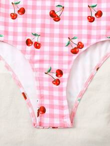 SHEIN 少女可爱粉色碎花格纹樱桃印花连体泳衣，沙滩度假 - 粉色 - 查看 7