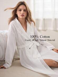 Ocili 女士镂空刺绣荷叶边宽松睡袍 - 白色 - 查看 1