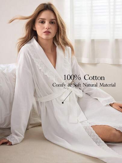 Ocili Women's Hollow Embroidered Ruffle Hem Loose Robe