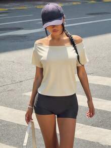 INAWLY 女士纯色圆领短袖休闲T恤，夏季印花T恤女式上衣 - 杏色 - 查看 1