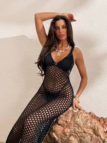 Vestido largo tipo pareo con cuello en V para mujer - Negro - Ver 4