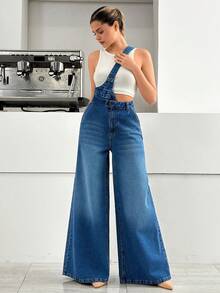 EURMUSE High Waist One Suspender Medium Wash Overall - Medium Wash - View 4