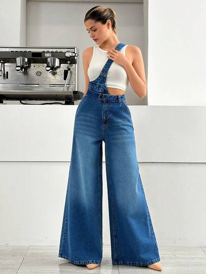 EURMUSE High Waist One Suspender Medium Wash Overall