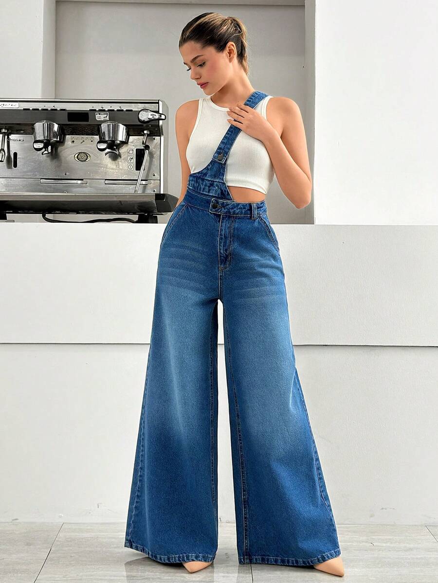 EURMUSE High Waist One Suspender Medium Wash Overall - Medium Wash - View 1