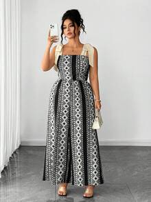 Elenzga Macaquinho Estampado com Laço Decorativo Plus Size - Preto - Visão 4
