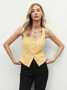 BizChic Gilet Blazer da donna di colore unito, elegante formale casual per pendolarismo ufficio appuntamento vacanza Giorno dell'Indipendenza stagione di laurea festival musicale snellente elegante versatile di alta gamma estivo sociale festa vacanza uscita spiaggia quotidiano francese retrò minimalista fresco - Giallo - Visualizzare 2