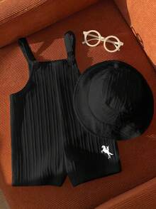 SHEIN Bộ áo liền quần màu trắng đa năng cho bé sơ sinh trai/gái, gồm quần yếm và mũ chống nắng, thích hợp mặc ở nhà hoặc ngoài trời vào mùa xuân/hè. - màu đen - Xem 4