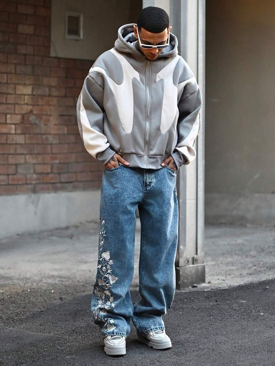 Devon Thys 男士时尚休闲针织宽松长袖连帽卫衣，适合秋季、冬季及情侣穿着 - 灰色 - 查看 1