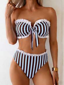 SHEIN Swim Spring/Summer Beach Vacation Striped Print 2 Pieces Set, Ruched Neckline & Hem, Ruffled Waistband - Multicolor - View 1
