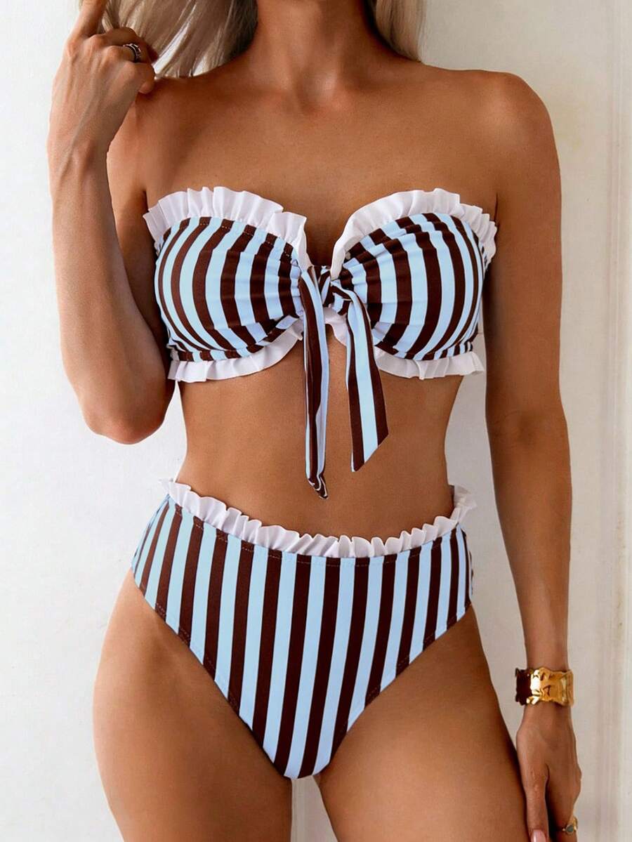 SHEIN Swim Spring/Summer Beach Vacation Striped Print 2 Pieces Set, Ruched Neckline & Hem, Ruffled Waistband - Multicolor - View 1