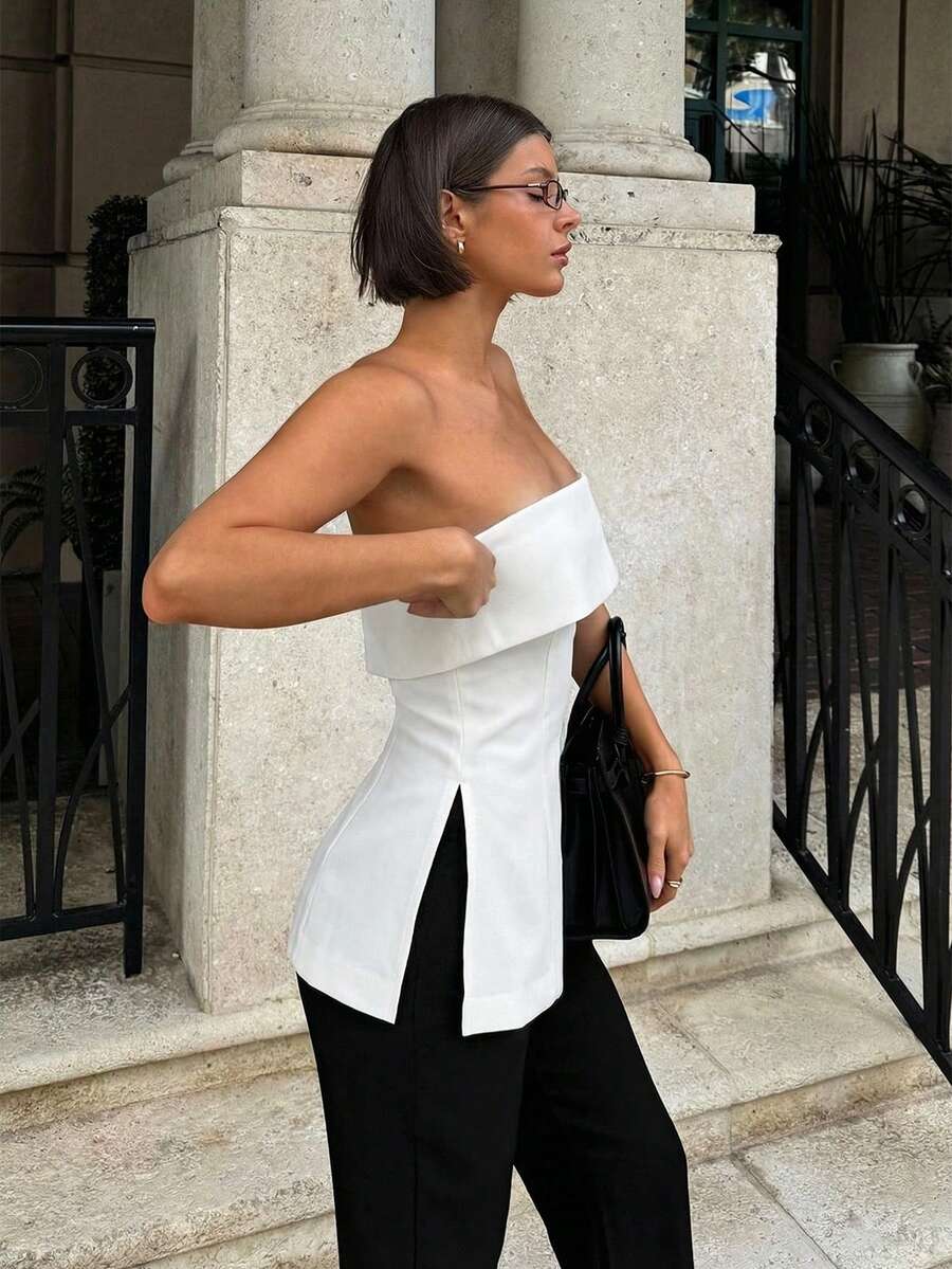 Siren Gaze Women's Fashionable Solid Color Basic Slit Bandeau Top,Summer Top - White - View 1