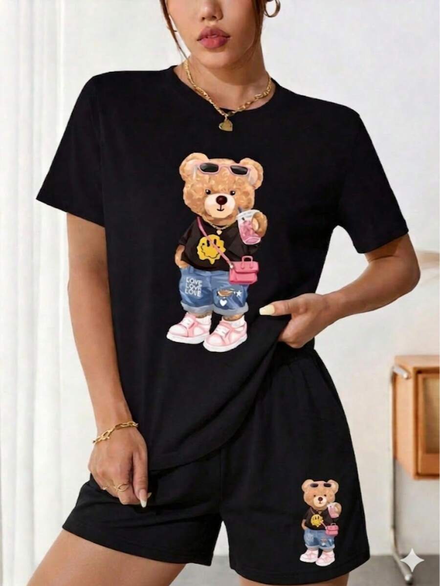 Shorts And T-Shirt With Round Neck, Print - 黑色 - 查看 1