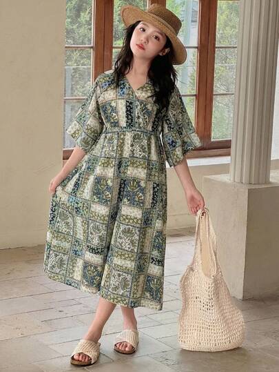 DAZY Tween Girls' V-Neck All-Over Print Casual Jumpsuit For Daily Wear