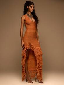 MUSERA 流苏针织圆领修身长裙，春夏优雅度假伊比沙岛俱乐部场合性感晚宴婚礼宾客日落之吻 - 橘色 - 查看 3