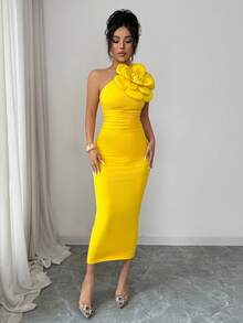 Rafferiza Women's Oblique Shoulder Ruched Fitted Bodycon Elegant Dress Women Party Dress Women Elegant Outfits Beautiful Dresses For Woman Latest Dress - Yellow - View 7