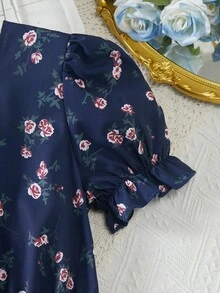 少女度假海滩乡村热带夏季树叶碎花方领花瓣袖系带连衣裙 - 藏蓝色 - 查看 5