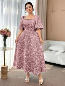 Modelyn Vestido elegante de talla grande con cuello cuadrado, manga corta y volante en la cintura - Rojo - Ver 8