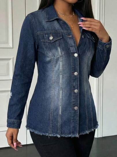 SHEIN SXY Women's Casual Fashionable Street Chic Daily Commute Frayed Denim Jacket, Spring/Autumn
