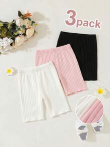 Conjunto de 3 calças curtas infantis femininas, estilo Y2K, básicas e casuais, em malha canelada, nas cores preto, rosa e branco, modelagem slim, elásticas e macias. Perfeitas para férias de verão, praia e primavera. - Multicolorido - Ver 1