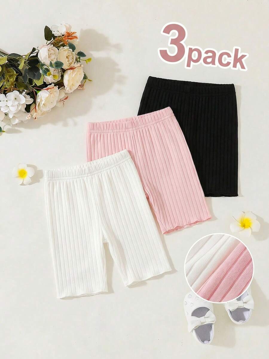 Conjunto de 3 calças curtas infantis femininas, estilo Y2K, básicas e casuais, em malha canelada, nas cores preto, rosa e branco, modelagem slim, elásticas e macias. Perfeitas para férias de verão, praia e primavera. - Multicolorido - Ver 1