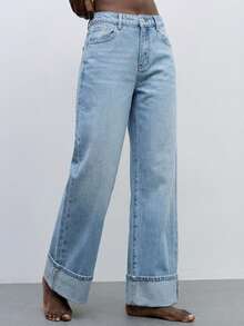 Maija Jeans de pierna ancha con bolsillos sesgados y puños, de uso casual y diario para mujeres - Lavado ligero - Ver 7