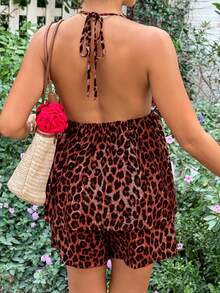 Lyckli Conjunto de 2 piezas de top halter sin espalda y shorts con estampado de leopardo para maternidad - Rojo - Ver 2