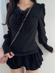 FRIFUL Áo thun dài tay nữ họa tiết chấm bi, thích hợp cho mùa xuân và thu hè. - màu đen - Xem 4