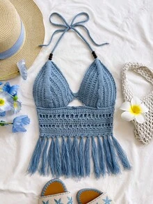 Soleia 女士度假风串珠吊带针织上衣，流苏下摆，适合约会、下午茶、海滩、邮轮、城市旅行、婚礼季、音乐节等场合。 - 藍色 - 查看 5