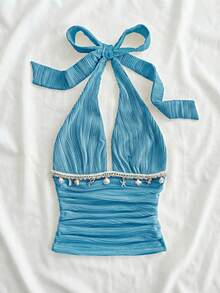 Soleia 女士夏季海滩度假风简约纯色纹理面料露背系带吊带上衣 - 淺藍色 - 查看 7