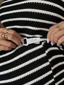 SHEIN 两件套孕妇条纹上衣和可调节腰围阔腿裤休闲日常穿搭 - 黑色 - 查看 6